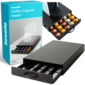 Capsulehouder met Lade Nespresso – Cups Houder voor 50 Koffie Capsules – Capsulehouders – RVS – Zwart – 365 x 214 x 60 mm